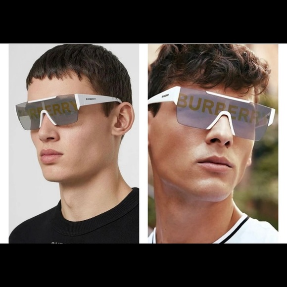 BURBERRY SHIELDS WITH SILVER & GOLD BURBERRY WRITTEN ON MIRROR LENSES SUNNIES - Picture 9 of 16